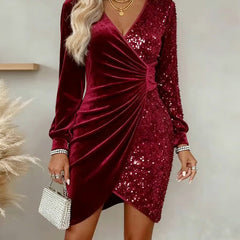 Red velvet sequin wrap mini dress with long sleeves and ruched front