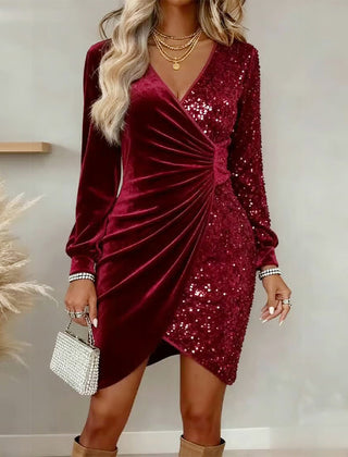 Red velvet sequin wrap mini dress with long sleeves and ruched front