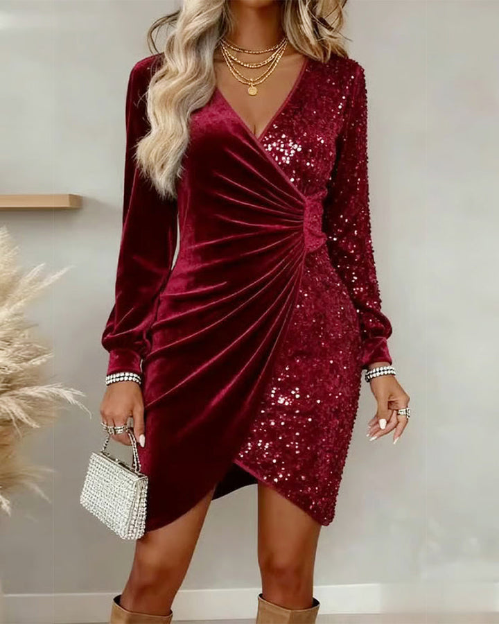 Red velvet sequin wrap mini dress with long sleeves and ruched front