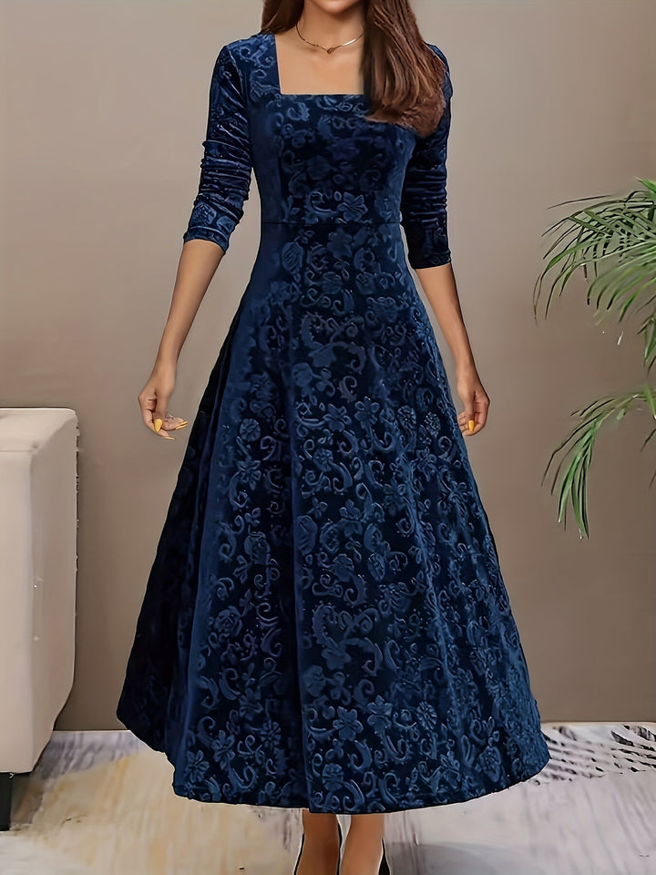 Blue velvet midi A-line dress, square neckline, long sleeves, tonal floral pattern