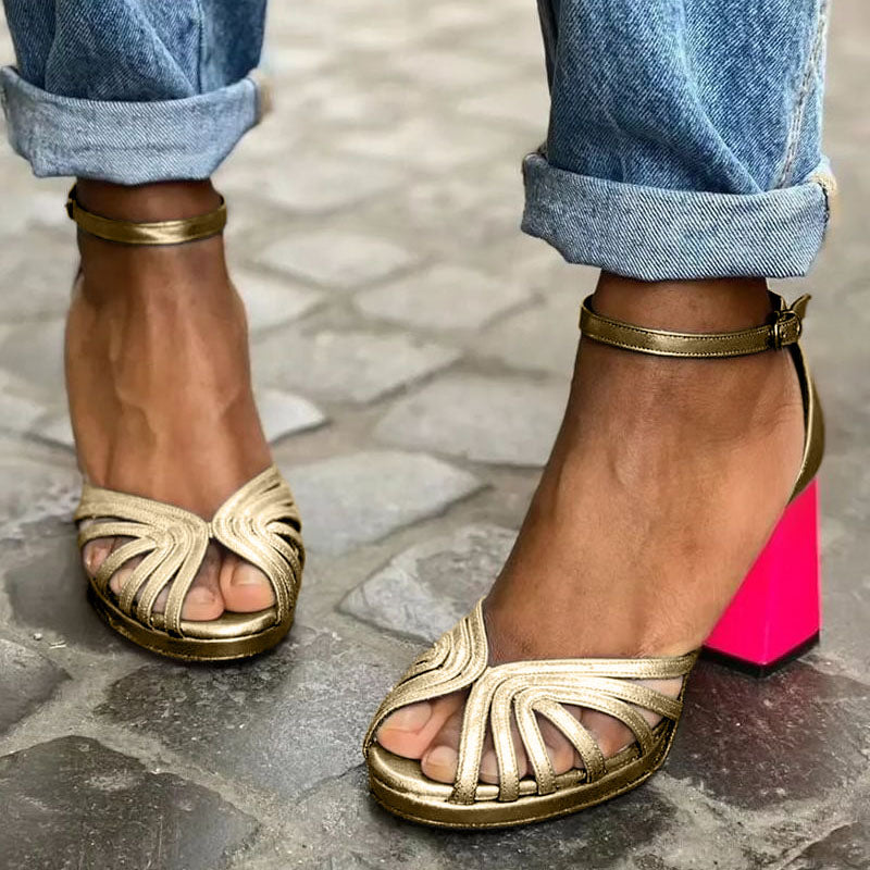 Gold strappy heeled sandals with bow-knot straps, pink block heel, ankle strap