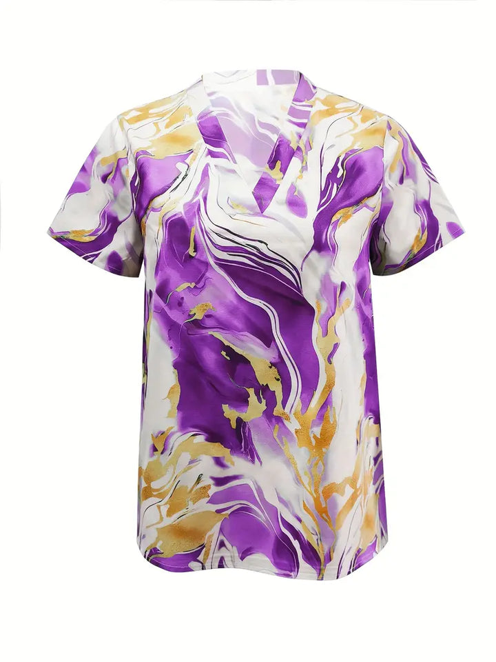 Marble print short sleeve shirt, purple and cream front view
