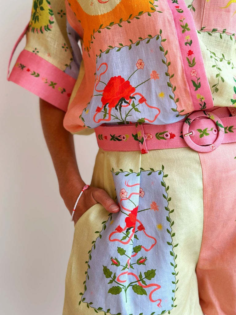 Patchwork shorts with floral embroidery and pink belt tie, cream and pastel multicolor