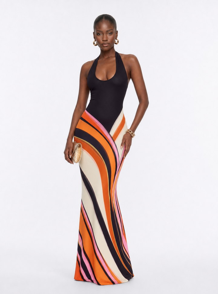Halter maxi dress with black bodice and multicolor geometric stripe skirt