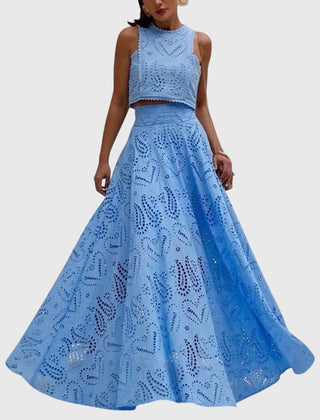 Blue lace midi skirt with gathered silhouette and allover cutout eyelet pattern
