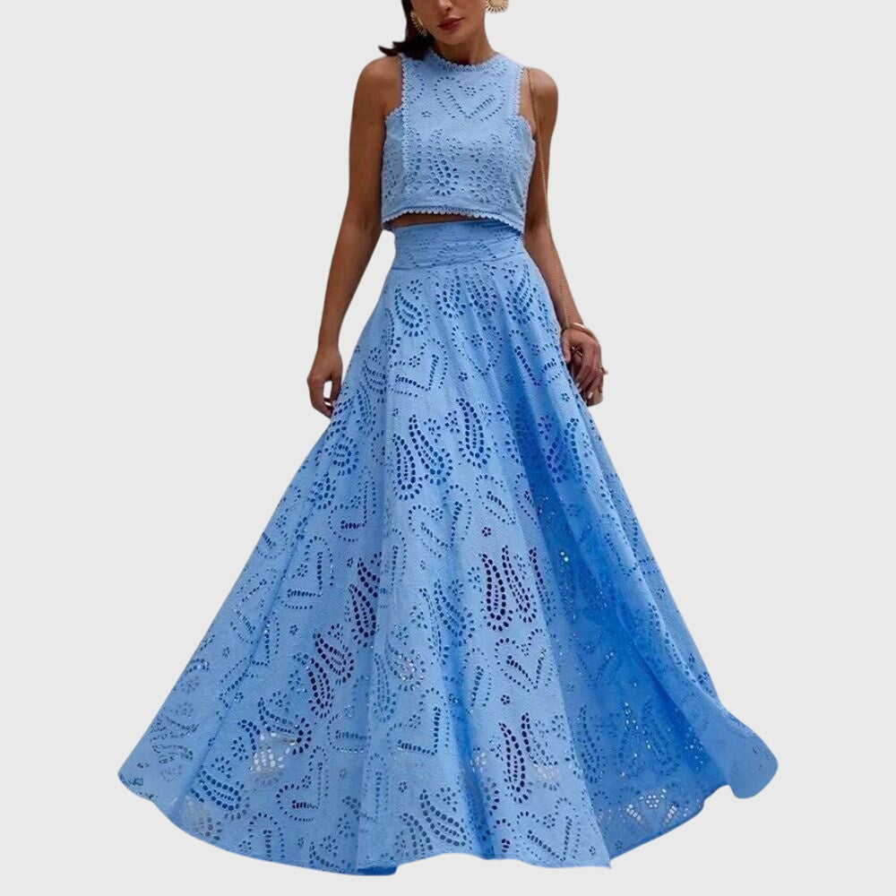 Blue lace midi skirt with gathered silhouette and allover cutout eyelet pattern