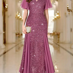 Purple sequin satin dress, V-neck, short flutter sleeves, flared skirt with side slit