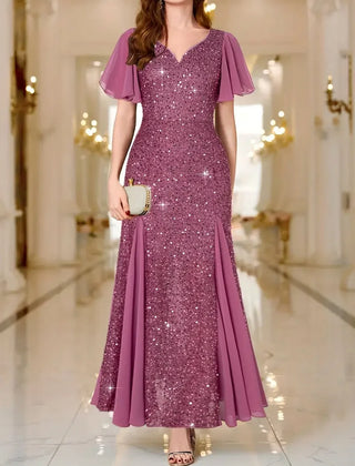 Purple sequin satin dress, V-neck, short flutter sleeves, flared skirt with side slit