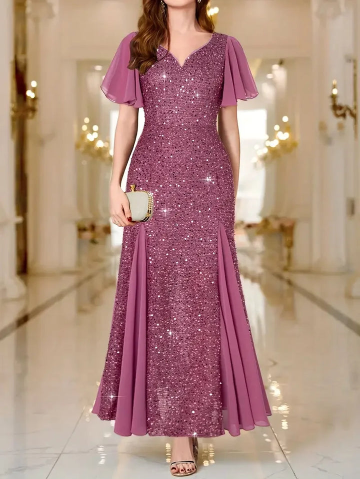 Purple sequin satin dress, V-neck, short flutter sleeves, flared skirt with side slit