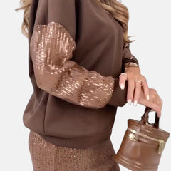Aurora™ women’s patchwork set: dark brown top with bronze sequin skirt and sequin cuffs