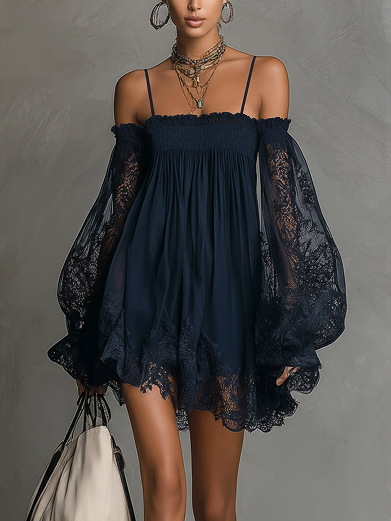 Dark navy off-shoulder mini dress with lace long sleeves and smocked bodice