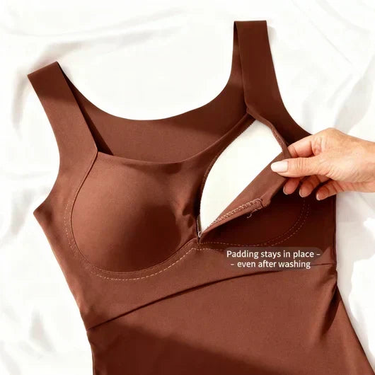 Brown built-in comfort bra tank top with padded cups, scoop neckline, and thin straps