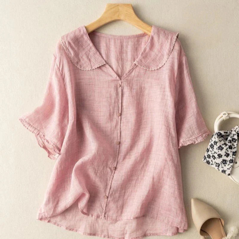 Light pink cotton short sleeve blouse with scalloped peter pan collar and button front