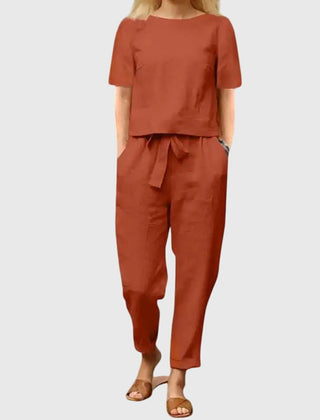 Orange rust short-sleeve top and jogger pants co-ord set, gathered waist with tie detail