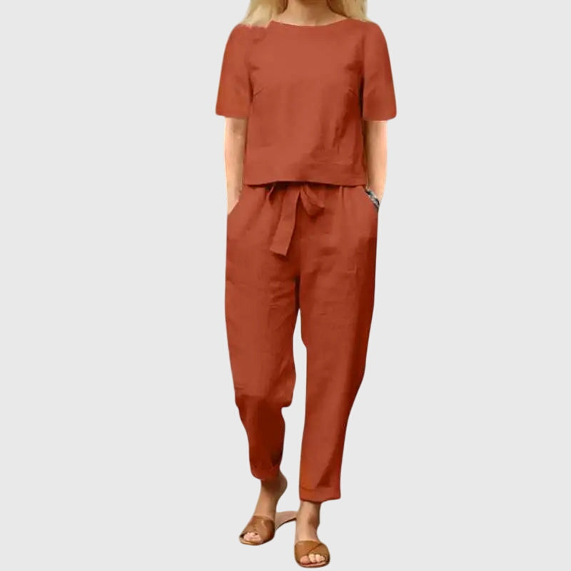 Orange rust short-sleeve top and jogger pants co-ord set, gathered waist with tie detail