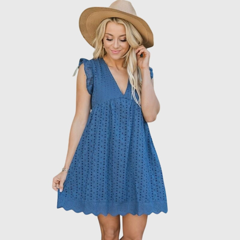 2-in-1 summer dress, blue V-neck eyelet with scalloped hem, cap sleeves