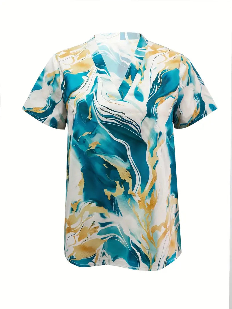 Marble print short sleeve shirt, teal and cream front view