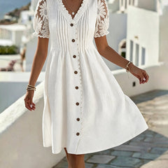 White balloon-sleeve midi dress with lace yoke and dark button front