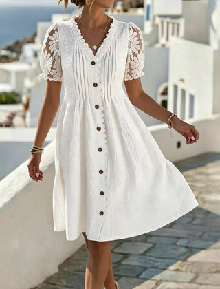 White balloon-sleeve midi dress with lace yoke and dark button front