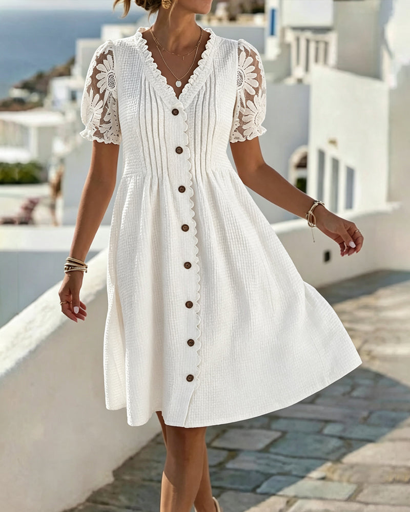 White balloon-sleeve midi dress with lace yoke and dark button front
