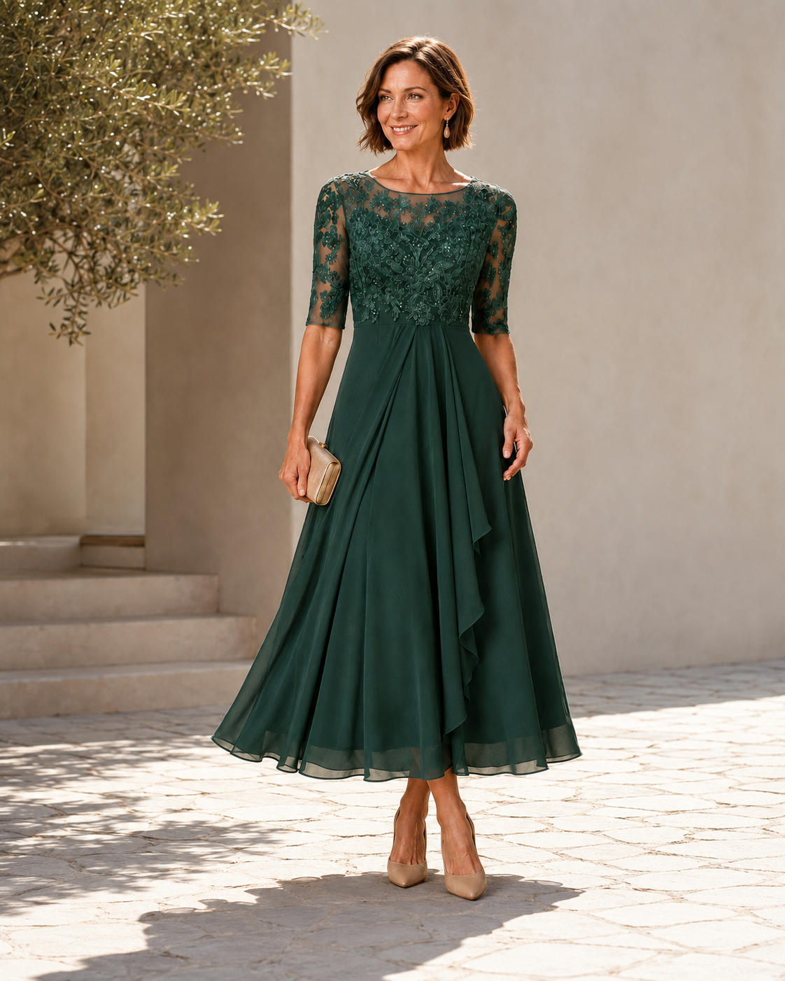 Green lace midi dress with 3/4 sleeves, fitted waist and layered chiffon skirt