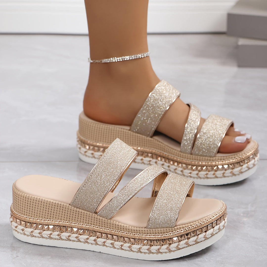Gold glitter platform sandals with ankle chain strap and braided rope sole