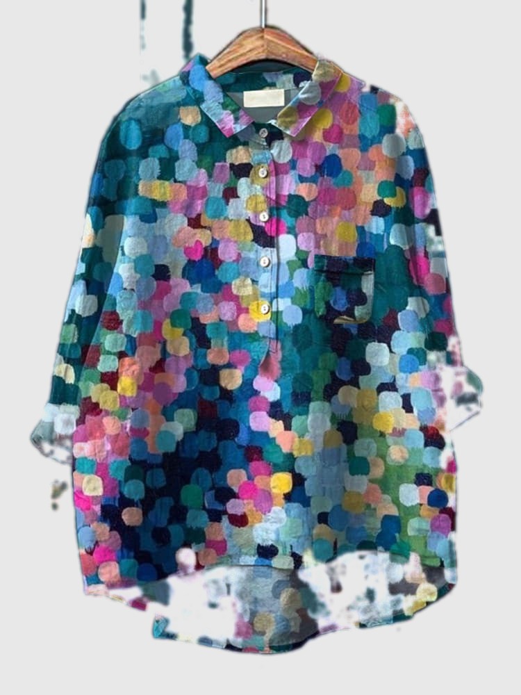 Multicolor dot print button-up shirt with pointed collar and chest pocket