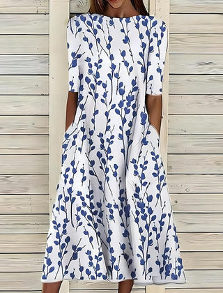 Blue and white floral midi dress with 3/4 sleeves, round neck, gathered skirt