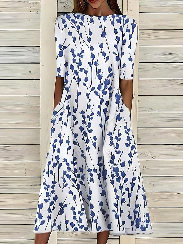 Blue and white floral midi dress with 3/4 sleeves, round neck, gathered skirt
