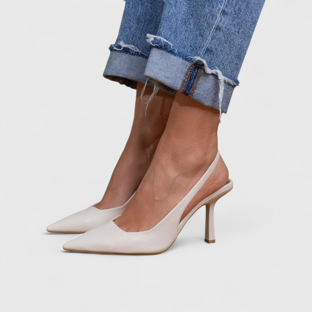 White real leather pointed-toe heels with slim high stiletto heel