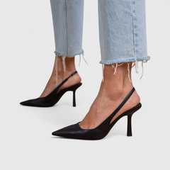 Black real leather pointed-toe heels with slim high stiletto heel, side-by-side