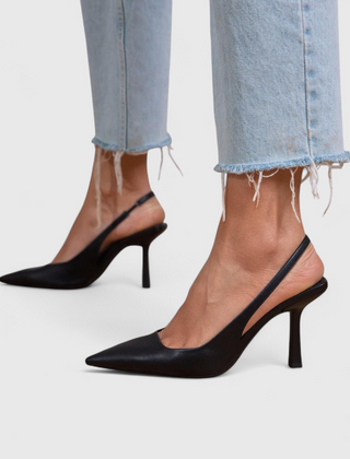 Black real leather pointed-toe heels with slim high stiletto heel, side-by-side