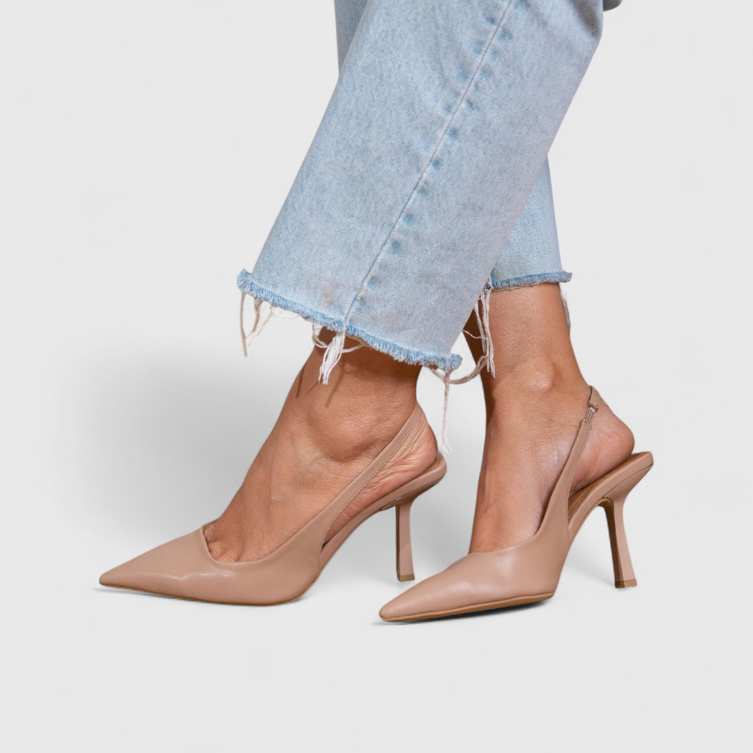 Light beige real leather pointed-toe heels with slim high stiletto heel
