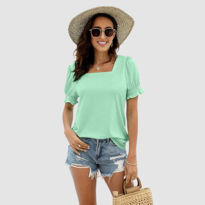 Square-neck top with puff sleeves in mint green