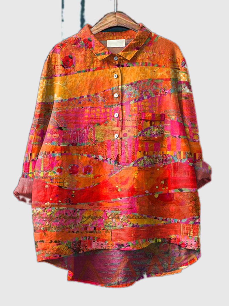 Multicolor abstract print button-up shirt with long sleeves