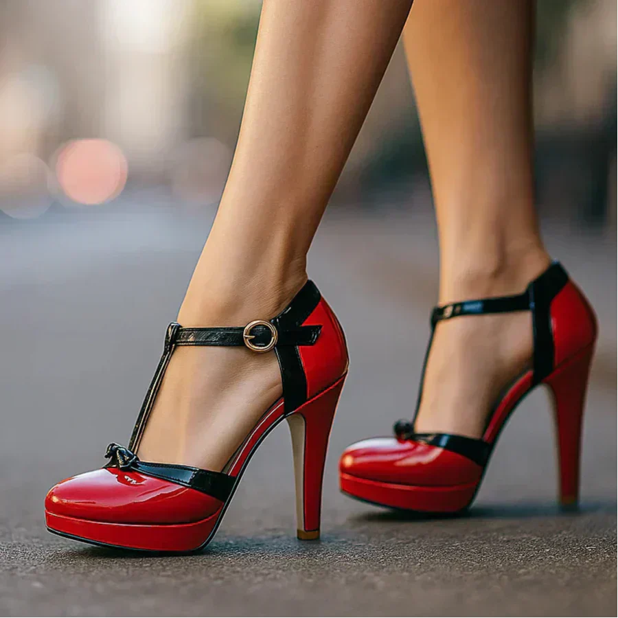 Estelle tie-strap heels in wine red patent leather with black ankle strap and bow detail
