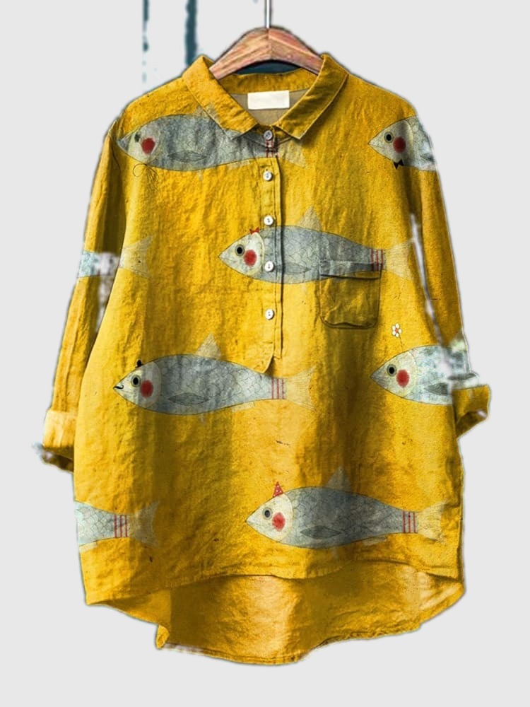 Yellow button-up shirt with playful fish print and chest pockets