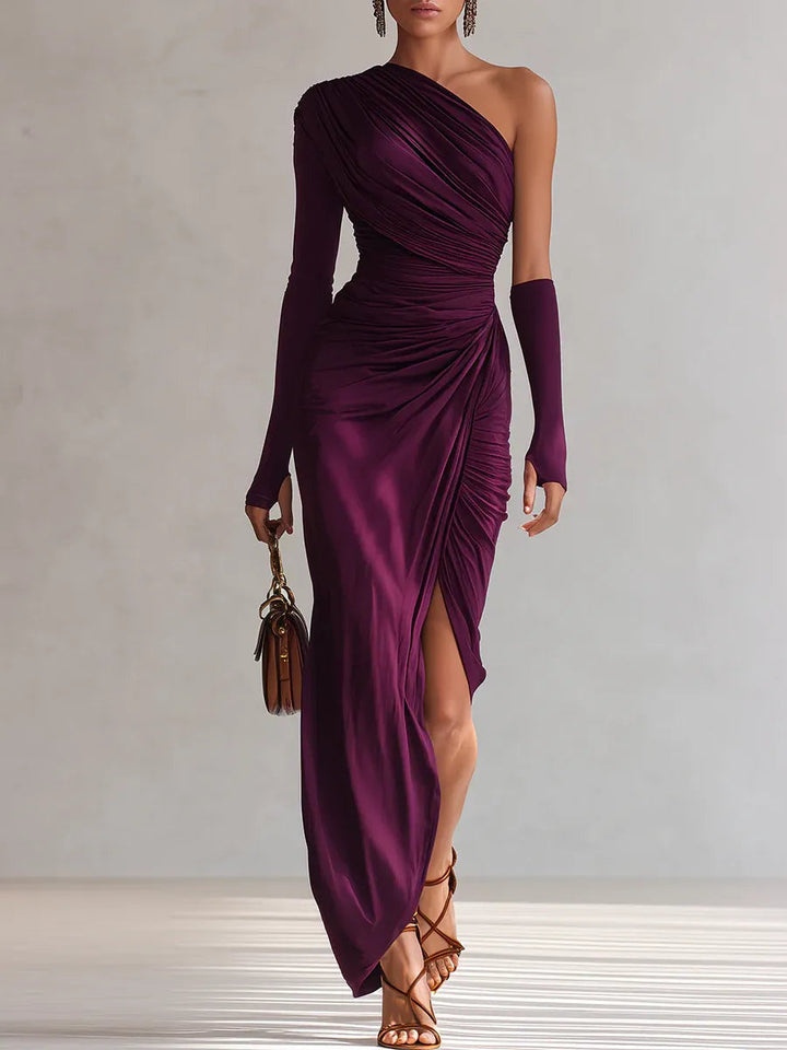 Ruched one-shoulder plum maxi dress with draped waist, side slit, long sleeve