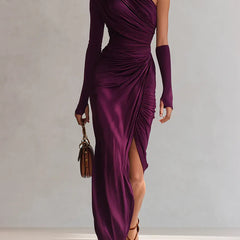 Elegant dark-purple one-shoulder maxi dress with ruched drape and long sleeves