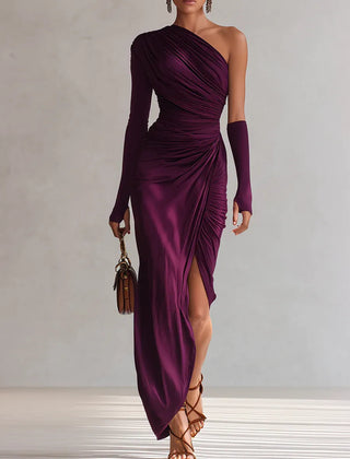 Elegant dark-purple one-shoulder maxi dress with ruched drape and long sleeves