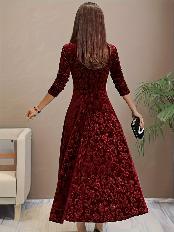 Red velvet midi A-line dress back view, square neckline, long sleeves, ornate floral