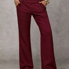 Burgundy high-rise wide-leg trousers with button closure and belt loops