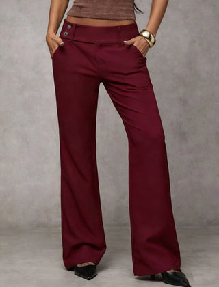 Burgundy high-rise wide-leg trousers with button closure and belt loops