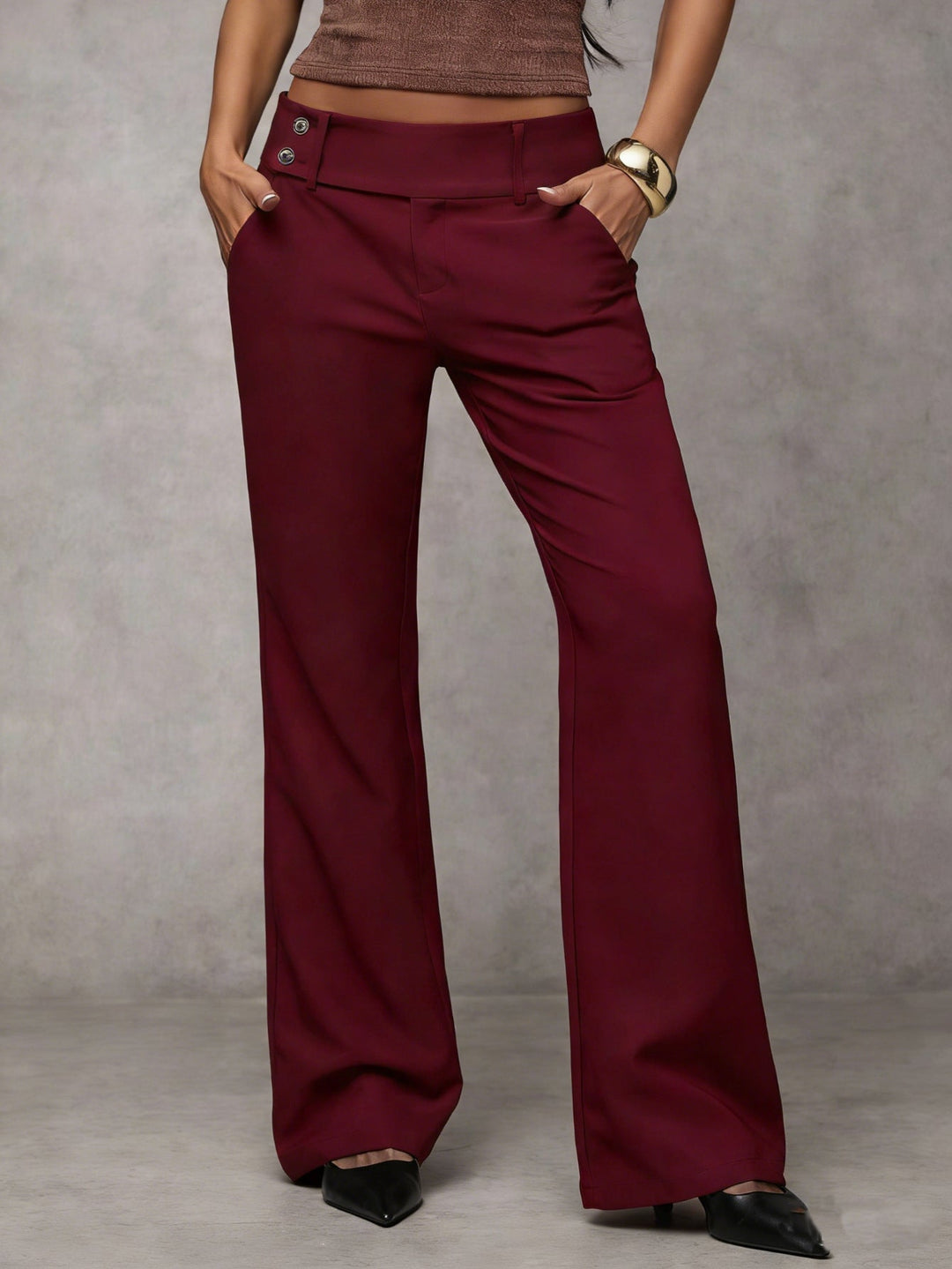 Burgundy high-rise wide-leg trousers with button closure and belt loops