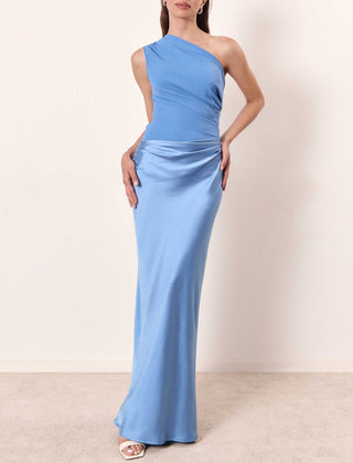 One-shoulder pleated satin maxi dress in light blue with draped waist and floor-length skirt.
