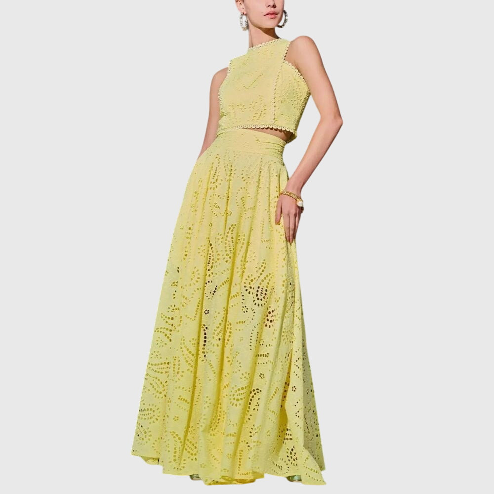 Yellow lace midi skirt with gathered tiers and cutout eyelet pattern