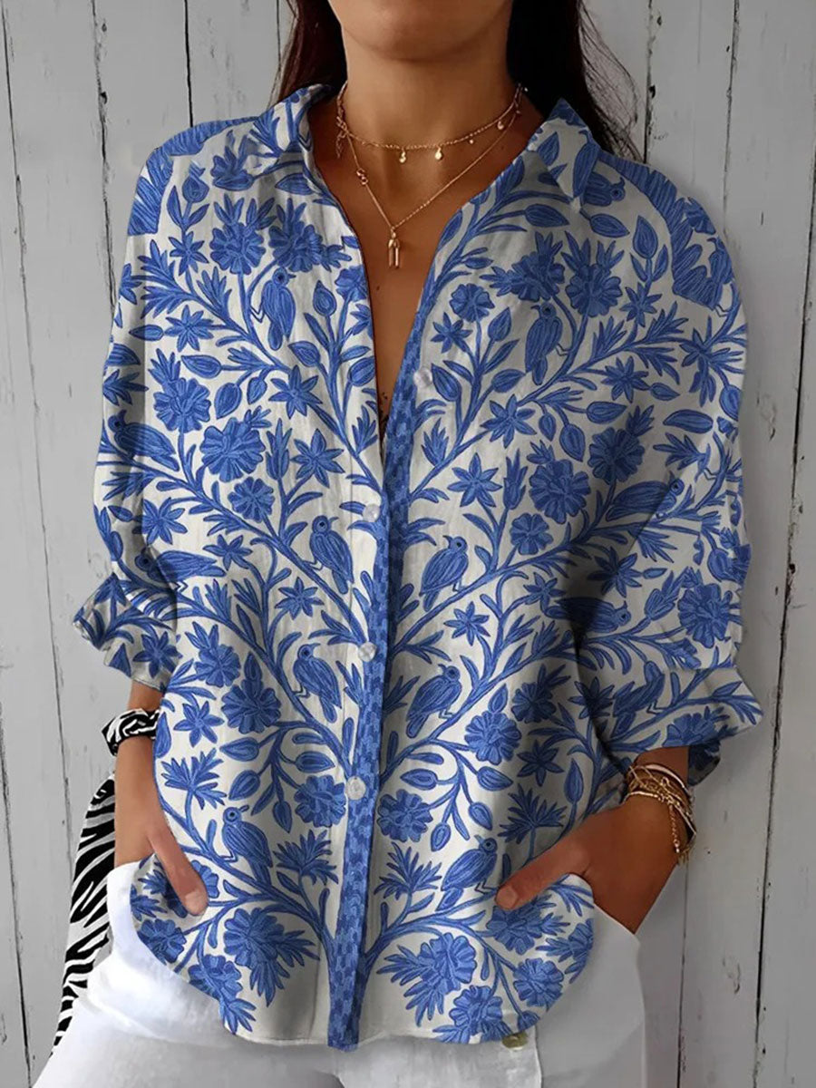 Analeia™ blue floral blouse with button-front collar and long sleeves