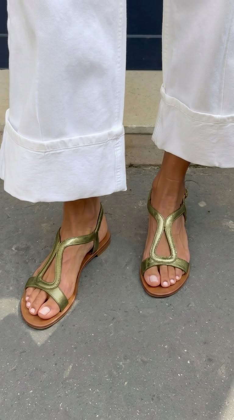 Green thong summer sandals with ankle strap and cutout straps over toes