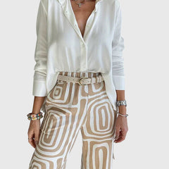 Emilia™ pants set: pale blouse, khaki geometric trousers, studded belt