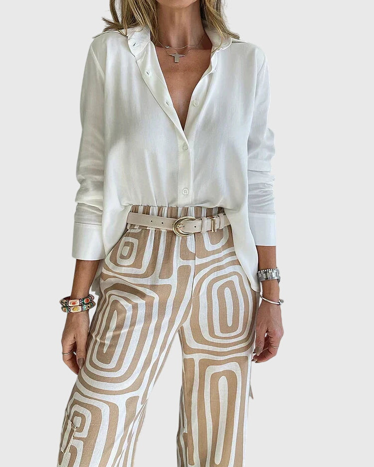 Emilia™ pants set: pale blouse, khaki geometric trousers, studded belt